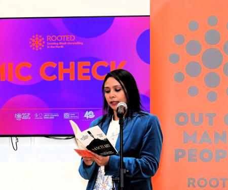 Barsa Ray reading at a book launch for the Out of Many festival in Leeds