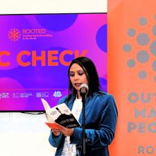 Barsa Ray reading at a book launch for the Out of Many festival in Leeds